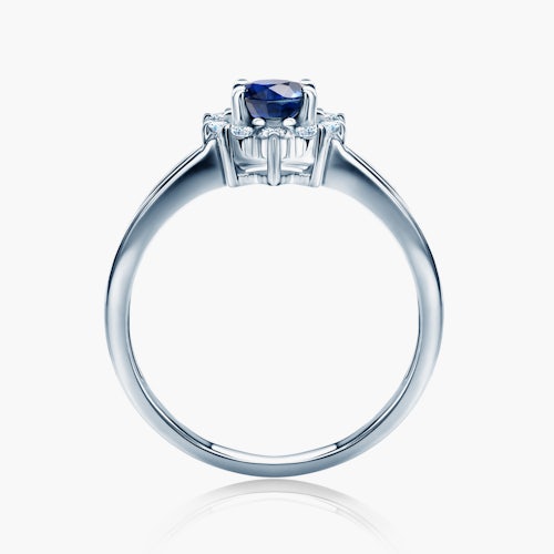 Pierścionek zaręczynowy SAVICKI: białe złoto, niebieski szafir, diamenty